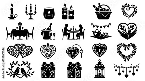 Black and White Romantic Valentine's Day Icons Set