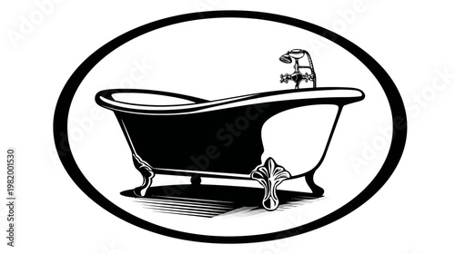 A black and white illustration of an antique bathtub with a faucet inside an oval frame
