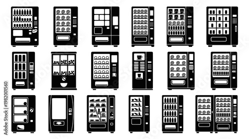 Black  White Icons of Vending Machines, Various Types, Food  Drink