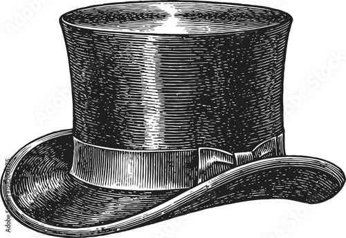 Vintage black top hat with ribbon and bow detailed engraving illustration