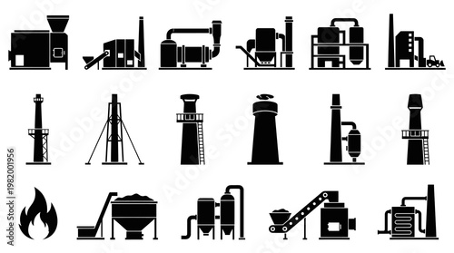 Industrial Production  Energy Plant Vector Icons Set - Factory, Chimney  Manufacturing Silhouettes