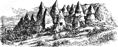 Ancient rock formations and caves in rugged mountainous landscape, vintage engraving