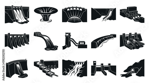 Water Management  Hydropower Dams Glyphs. Engineering Spillways  Sluice Gate Icons Set.