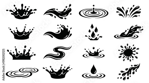 Black and White Water Splashes and Drops Icons, Vector Graphics