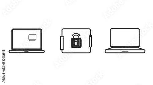 Three minimalist laptop illustrations. One shows a secure connection, hinting at digital protection