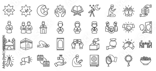 Islamic newyear outline icon set. Contain islamic newyear, hijri calendar, hijrah event, culture, celebration, blessings, prayer, tradition, rituals, community, spirituality, reflection, greetings