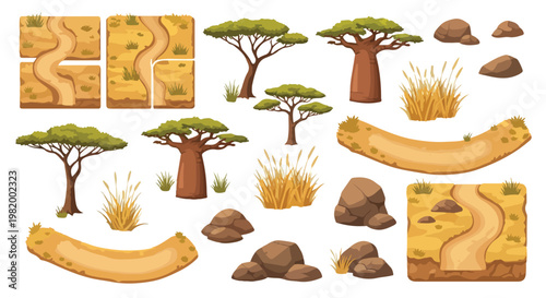 Set of African Safari Game Assets with Baobab Trees, Rocks, Grass, and Dirt Roads Vector