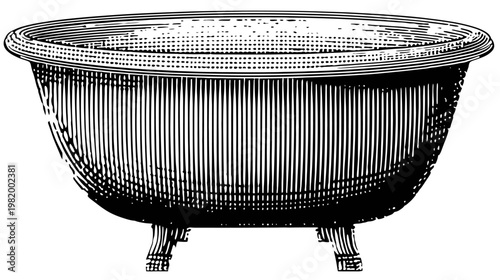 Black and white illustration of an antique, oval-shaped bathtub with four claw feet