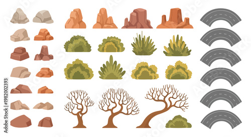 Desert Landscape Vector Elements Set with Rocks, Bushes, Trees, and Roads