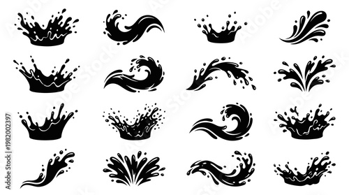 Black  White Silhouette Water Splashes and Waves Vector Set
