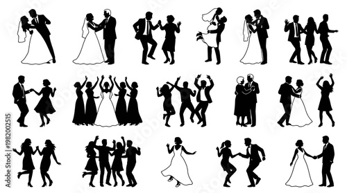 Wedding Celebration and Party Dancers Black Silhouettes Glyph Collection