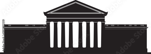 Classical museum building facade with columns silhouette vector illustration and line art