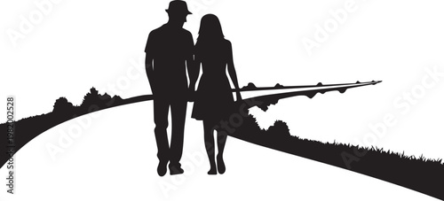 Couple walking together vector silhouette line art illustration on transparent background