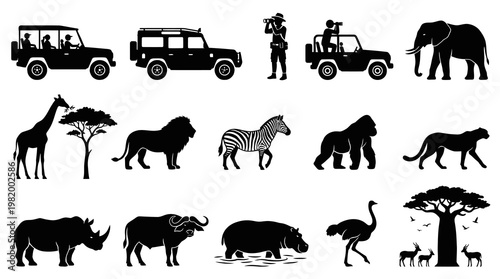 African Safari Wildlife Animals and Tourist Vehicles Silhouettes Set  Travel Glyphs Collection