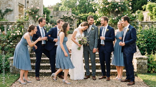 A relaxed photo of the bride and groom with their groomsmen and bridesmaids, all laughing a lot