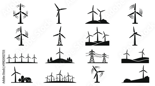 Renewable Energy Wind Power Glyph Icons Set - Sustainable Wind Turbines and Farm Vector