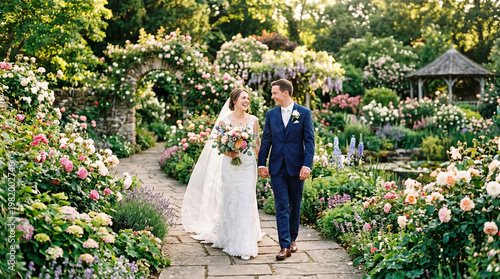 A couple in love strolling through a beautiful flower garden