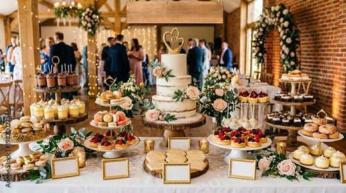 Beautiful dessert table at a wedding reception with guests out of focus in the background