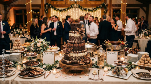 Beautiful dessert table at the wedding reception buffet with out-of-focus guests having fun in the background