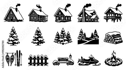Winter Outdoors  Recreation Glyph Icons Set - Black and White Vector Elements