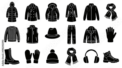 Winter Clothing and Fashion Accessories Black and White Glyph Icon Set