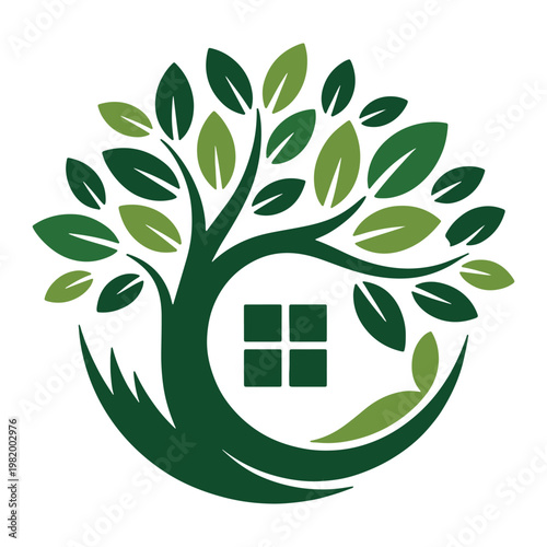 Eco-friendly home symbolized by a tree with a house inside a leaf