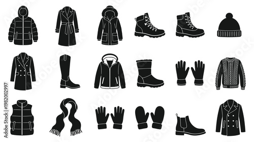 Winter Fashion Clothing Accessories Glyph Icons Set - Cold Weather Apparel Silhouette Vector