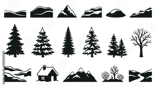 Outdoor Winter Nature Landscape Silhouette Glyphs. Mountains, Pine Trees, Cabin, Hills Vector Icons