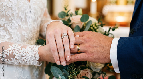Photo of the bride and groom's hands focusing on the wedding rings