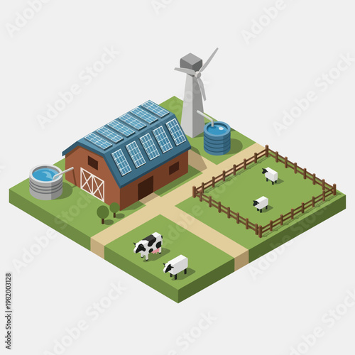 Isometric Farm Scene with Barn and Animals.