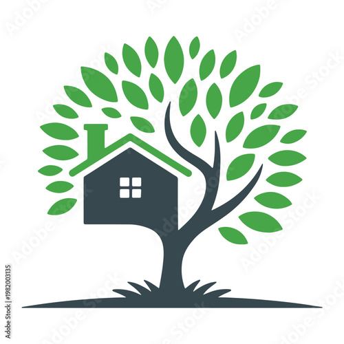 A stylized illustration of a house growing from a tree base with green leaves.