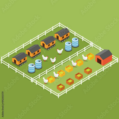 Farmyard with Chickens and Coop Illustration.