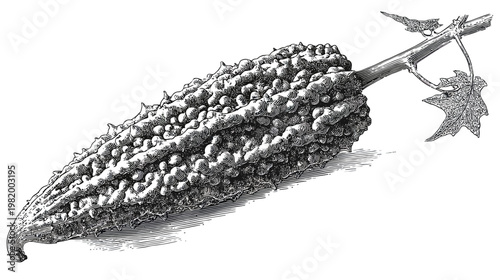 Intricate black and white botanical illustration of a bitter melon fruit with its stem and leaves