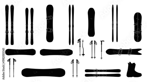 Winter Sports Gear Silhouette Icons Set: Skis, Snowboards, Poles, Boot, Bindings Vector