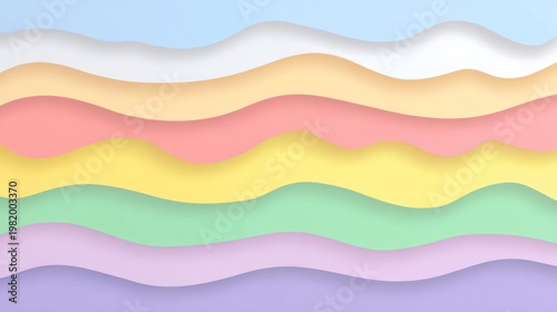 Layers of pastel colored paper display softly undulating wave patterns across the frame