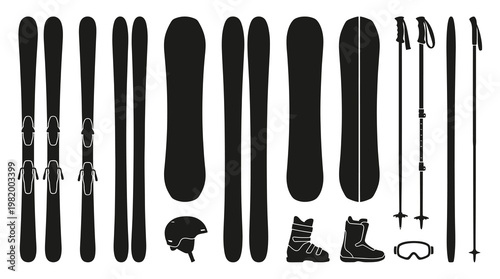 Black Glyph Winter Ski and Snowboard Equipment Icons Set for Outdoor Sports
