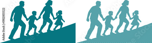 Teal silhouette of family with children walking up incline parents