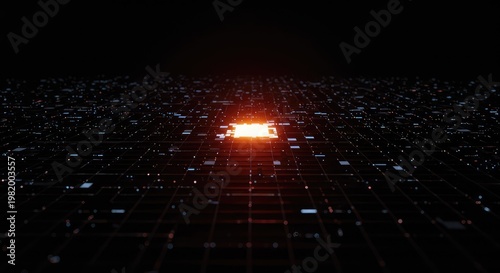 Abstract digital failure background showing a critical data loss point. A blank pixel appears within a precise geometric array signaling an error or void space, future, failure, digital