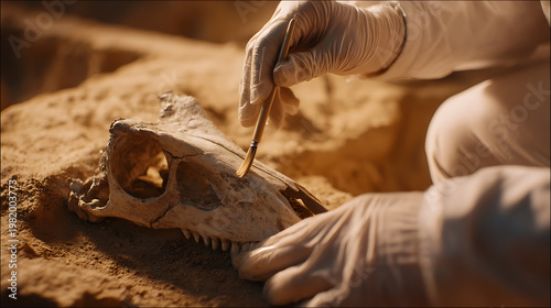 Wallpaper Mural Careful Archaeological Excavation of Ancient Animal Skull in Desert Sand by Research Scientist Wearing Gloves at Dig Site Torontodigital.ca