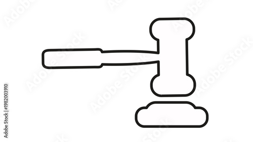 Minimalist black line art vector icon illustration of a judge's gavel and sound block, symbolizing law, justice, legal authority, court trials, and auction hammer on a white background.