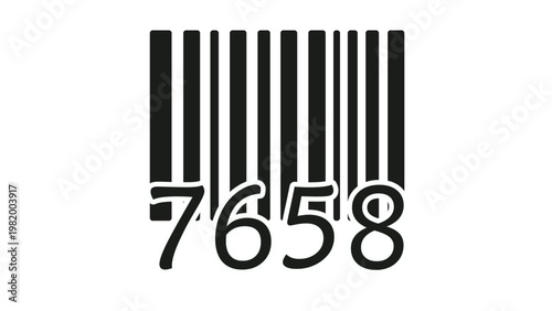 Black barcode vector icon with numbers 7658, minimalist illustration of a product scan code for retail, commerce, and inventory management, scalable graphic symbol isolated on white background.