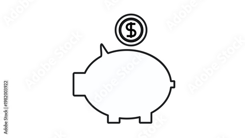 Black line art vector icon of a piggy bank with a dollar sign coin, symbolizing financial savings, personal banking, investment growth, economy, and wealth management, isolated on white.