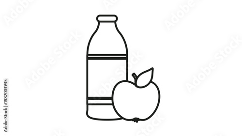 Minimalist black line art vector illustration of a juice bottle and a fresh apple fruit, clean scalable icon symbol for healthy food and beverage concepts isolated on a white background.