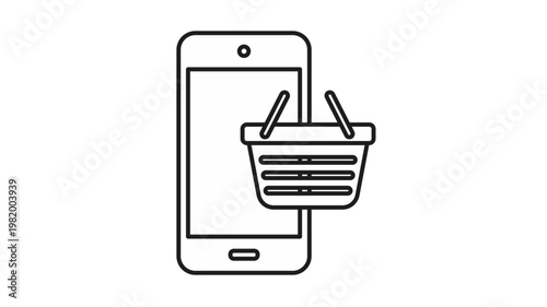 Mobile Shopping Vector Icon: Black Line Art Illustration of a Smartphone with a Shopping Basket, Representing E-commerce, Online Retail, Digital Marketplace, and App-Based Consumerism.