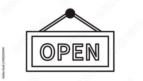Minimalist black and white vector illustration of a hanging open sign icon for retail stores and businesses, featuring a rectangular board with the word OPEN suspended from a circular wall peg.