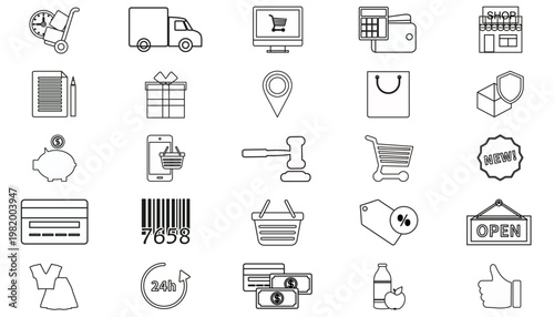 25 Minimalist Black Vector Icon Set Bundle for E-commerce, Retail, and Business. Collection Includes Shopping Cart, Delivery Truck, Finance, Logistics, Payment, and Storefront Symbols for Design.