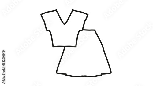 Black line vector icon illustration of a women's two-piece fashion outfit featuring a stylish V-neck crop top and a matching A-line skirt, isolated on a white background for apparel design.