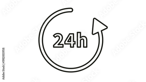 24-Hour Service and Support Vector Icon Illustration, Minimalist Black Line Art Circular Arrow Symbol for Around-the-Clock Availability, Customer Care, and Delivery Services on White Background