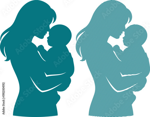 Teal silhouettes of mother and baby in two different styles
