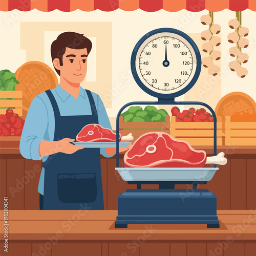 A smiling butcher weighs raw meat on a vintage scale at a rustic food market